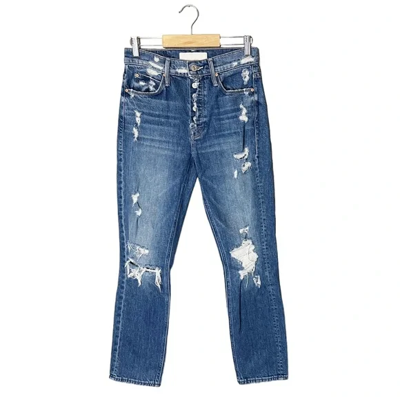 Mother Superior The Mid Rise Fly Cut Dazzler Ankle Distressed Straight Leg Jeans